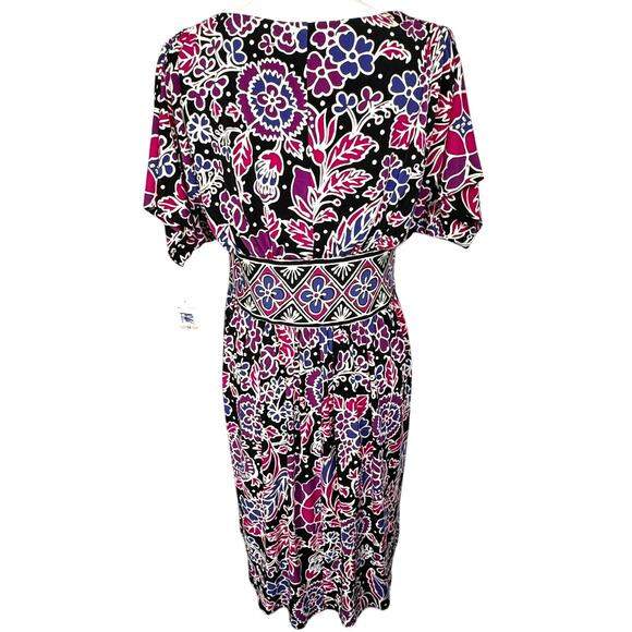 MAGGY LONDON NWT Size 12 Black Purple Floral Midi Dress Lined Pleated Flutter - Picture 2 of 9